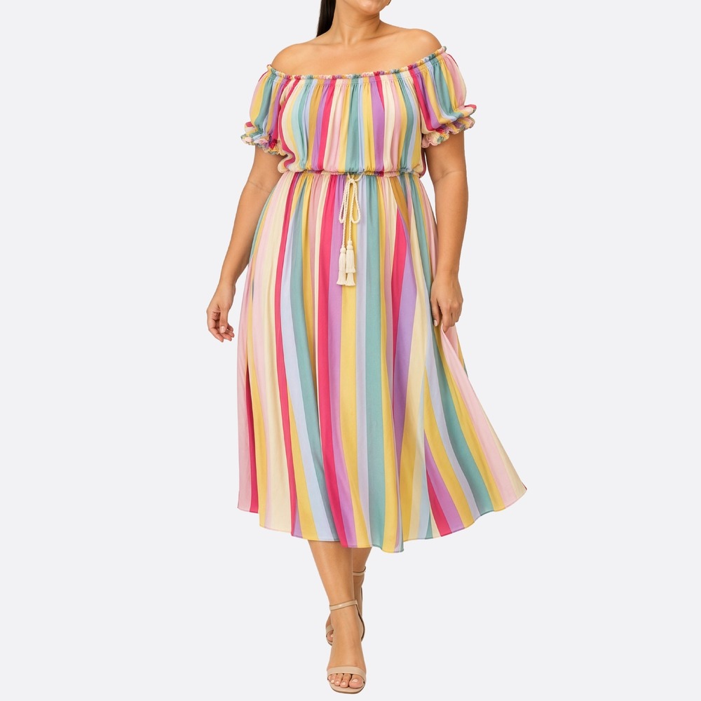 Torrid 100% Rayon Rainbow Stripe Off The Shoulder Midi Dress 2 fits XL/1X